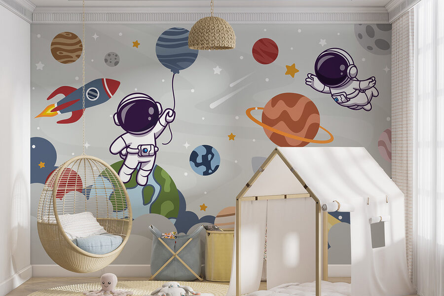 Papel de parede Astronauta em desenho animado no espaço com planetas e um foguetão a voar no céu - Image 5