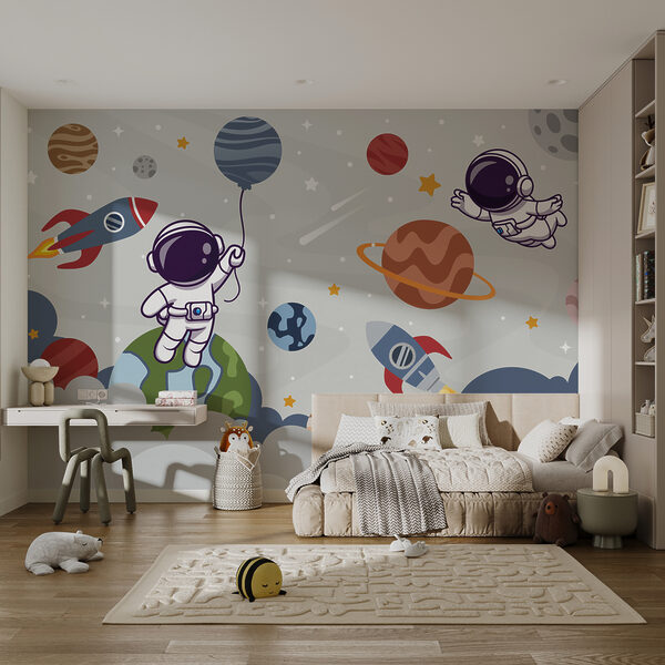 Astronauta em desenho animado no espaço com planetas e um foguetão a voar no céu Astronauta em desenho animado no espaço com planetas e um foguetão a voar no céu