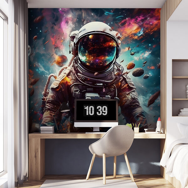 Um astronauta no espaço com um capacete grande Um astronauta no espaço com um capacete grande