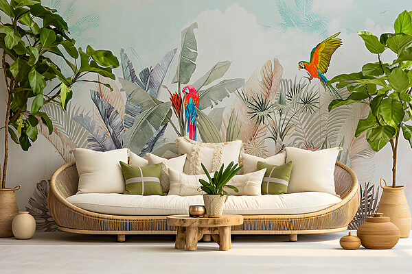 Papel de parede com plantas tropicais e pássaros Papel de parede com plantas tropicais e pássaros