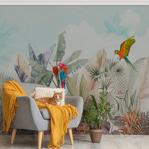 Papel de parede com plantas tropicais e pássaros Papel de parede com plantas tropicais e pássaros