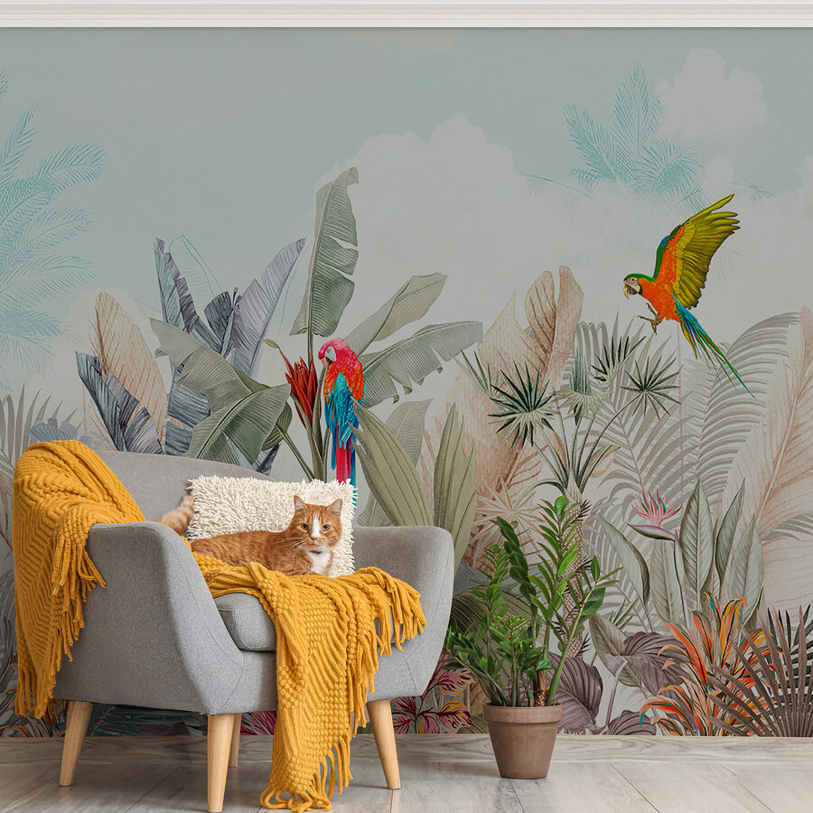 Papel de parede com plantas tropicais e pássaros