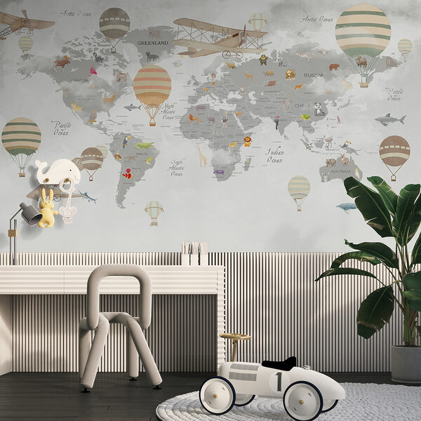 Mapa do mundo com animais e balões de ar quente Mapa do mundo com animais e balões de ar quente