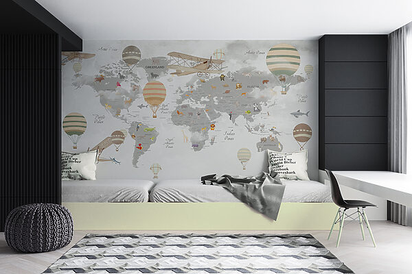 Mapa do mundo com animais e balões de ar quente Mapa do mundo com animais e balões de ar quente