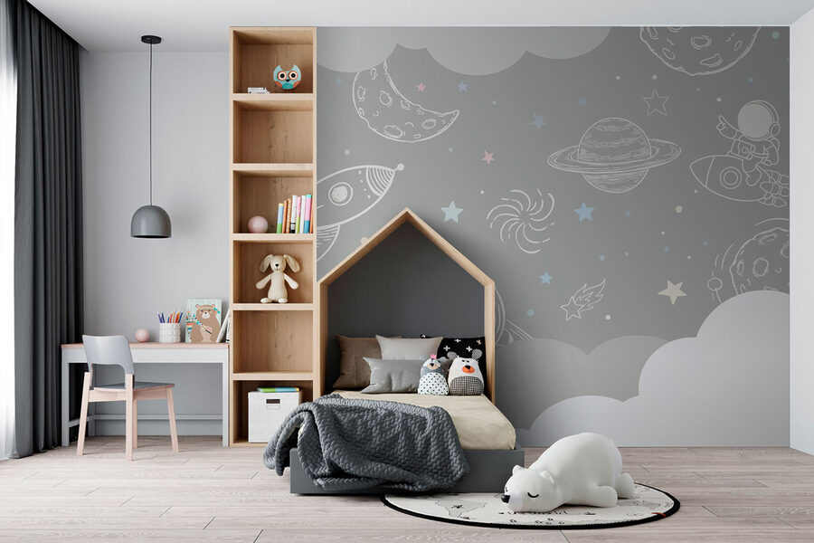 Fundo cinzento com nuvens e foguetões