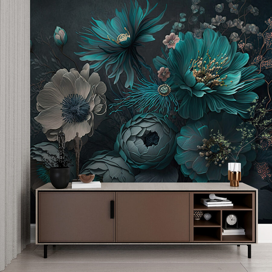 Arranjo floral elegante em tons frios.