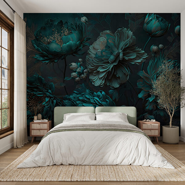 Elegante arranjo floral em azul-petróleo sobre tela. Elegante arranjo floral em azul-petróleo sobre tela.