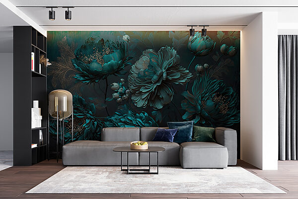 Elegante arranjo floral em azul-petróleo sobre tela. Elegante arranjo floral em azul-petróleo sobre tela.