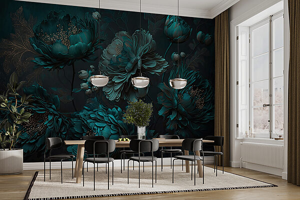 Elegante arranjo floral em azul-petróleo sobre tela. Elegante arranjo floral em azul-petróleo sobre tela.