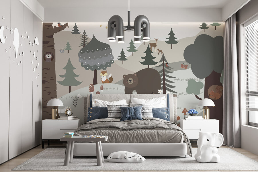 Desenho animado de um urso e um coelho numa floresta