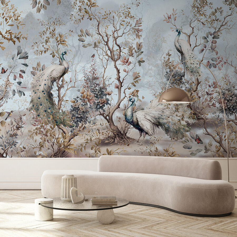 Pintura de pavões numa floresta