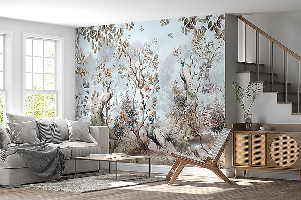 Pintura de pavões numa floresta Pintura de pavões numa floresta