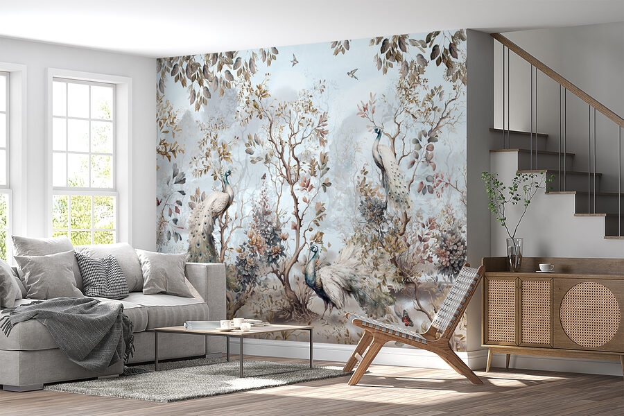 Pintura de pavões numa floresta