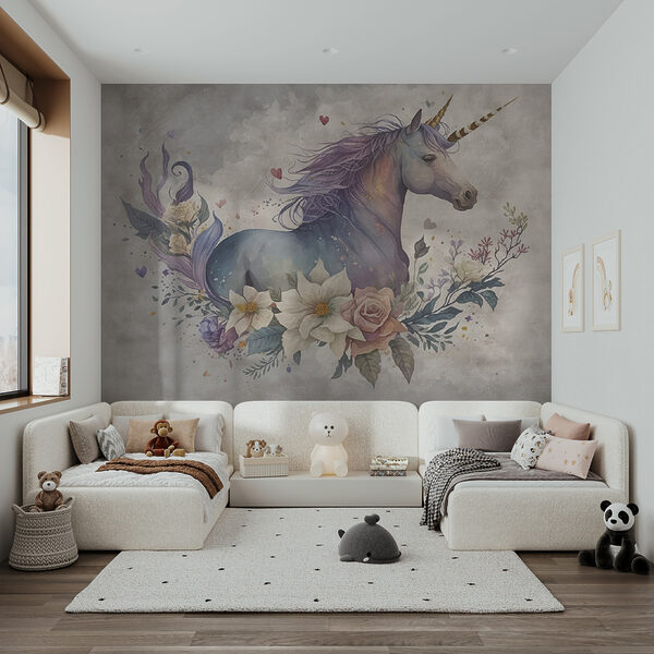 A unicorn with flowers and leaves