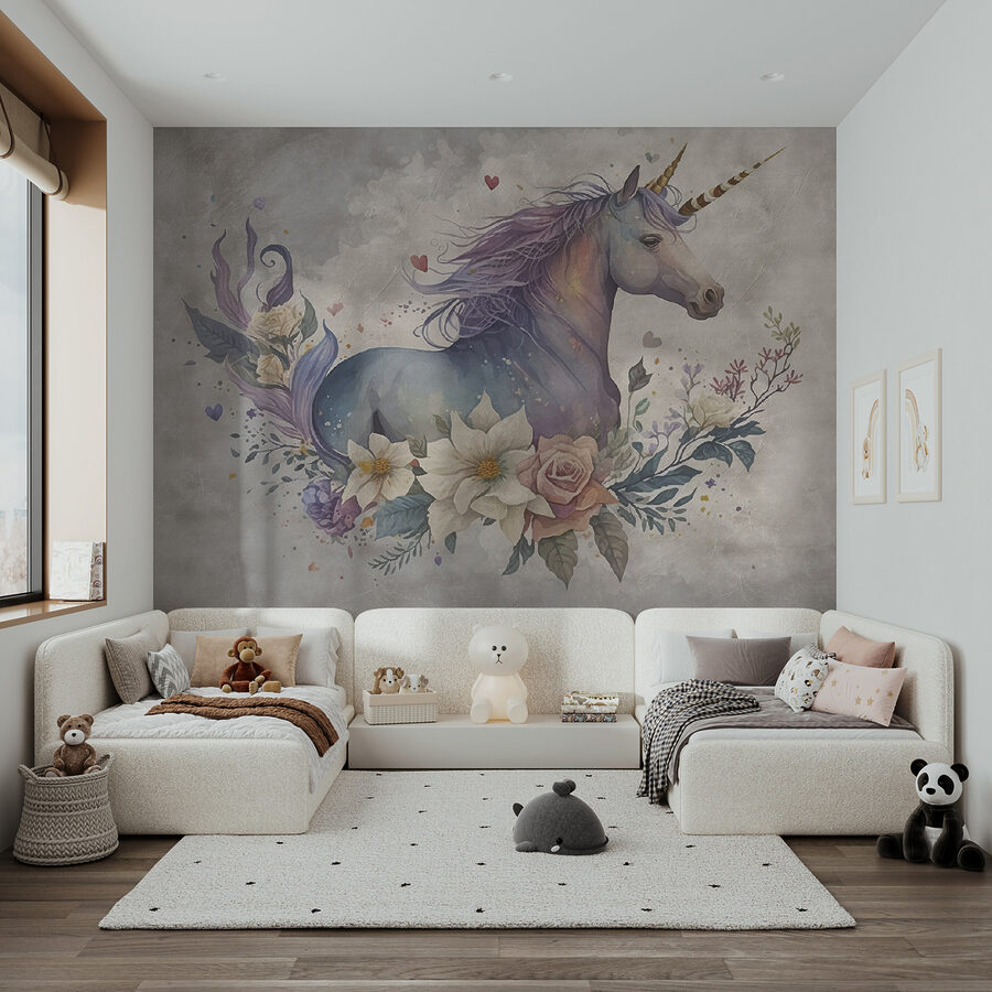 Um unicórnio com flores e folhas