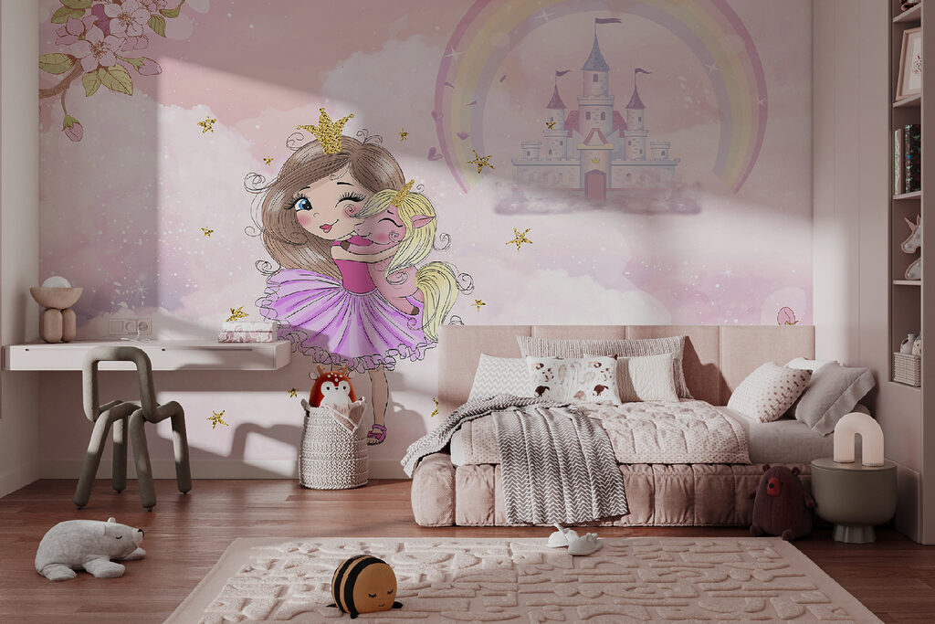 Cartoon of a girl hugging a little girl in a pink dress