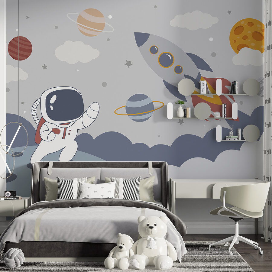 Desenho animado de um astronauta a caminhar num planeta com um foguetão no céu Desenho animado de um astronauta a caminhar num planeta com um foguetão no céu
