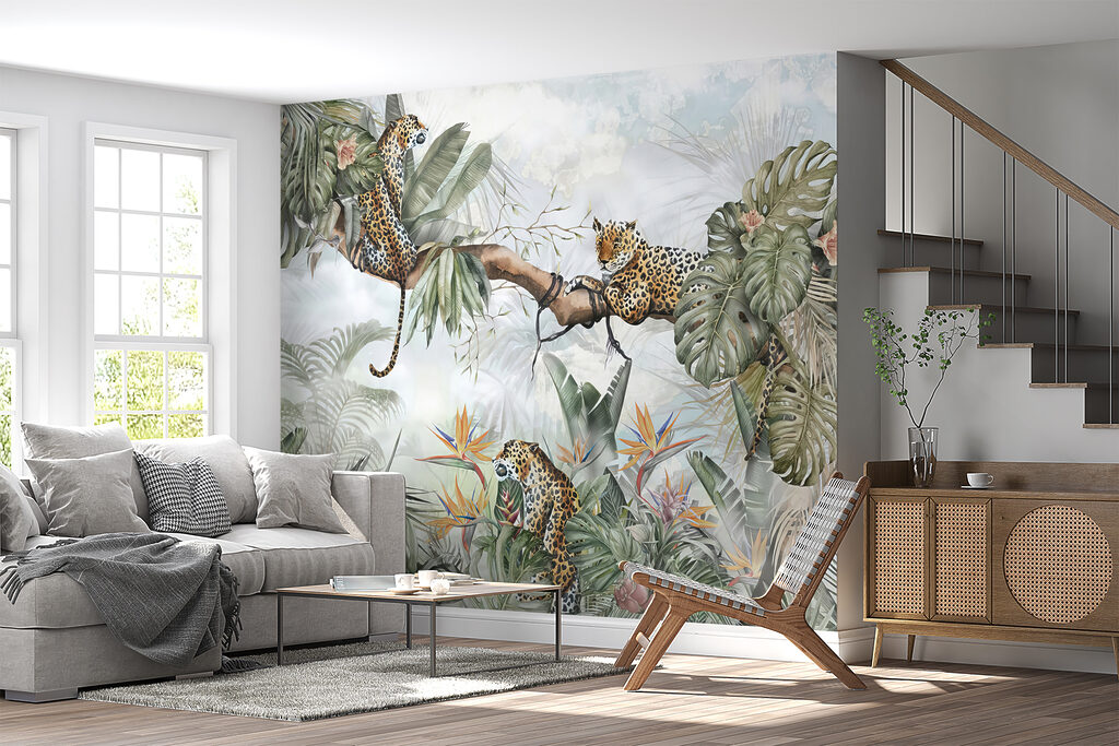 Painting of a group of cheetahs on a tree branch