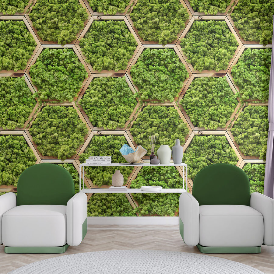 Parede de plantas em hexágonos