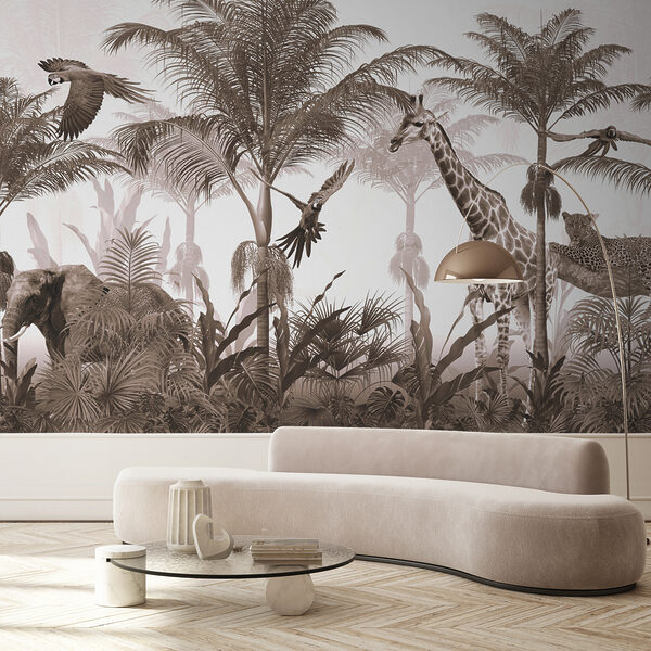 Giraffes and a parrot in a forest