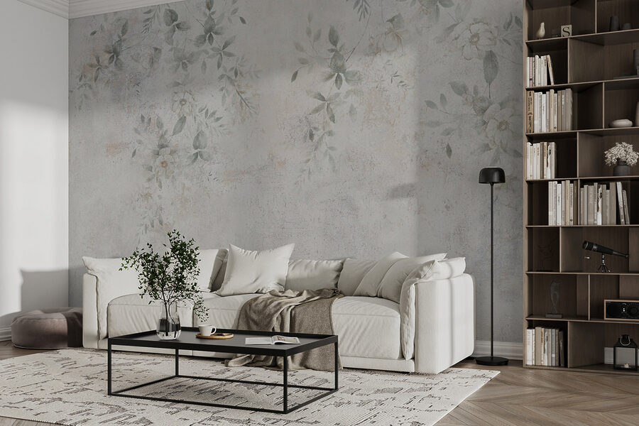Parede branca com folhas e flores