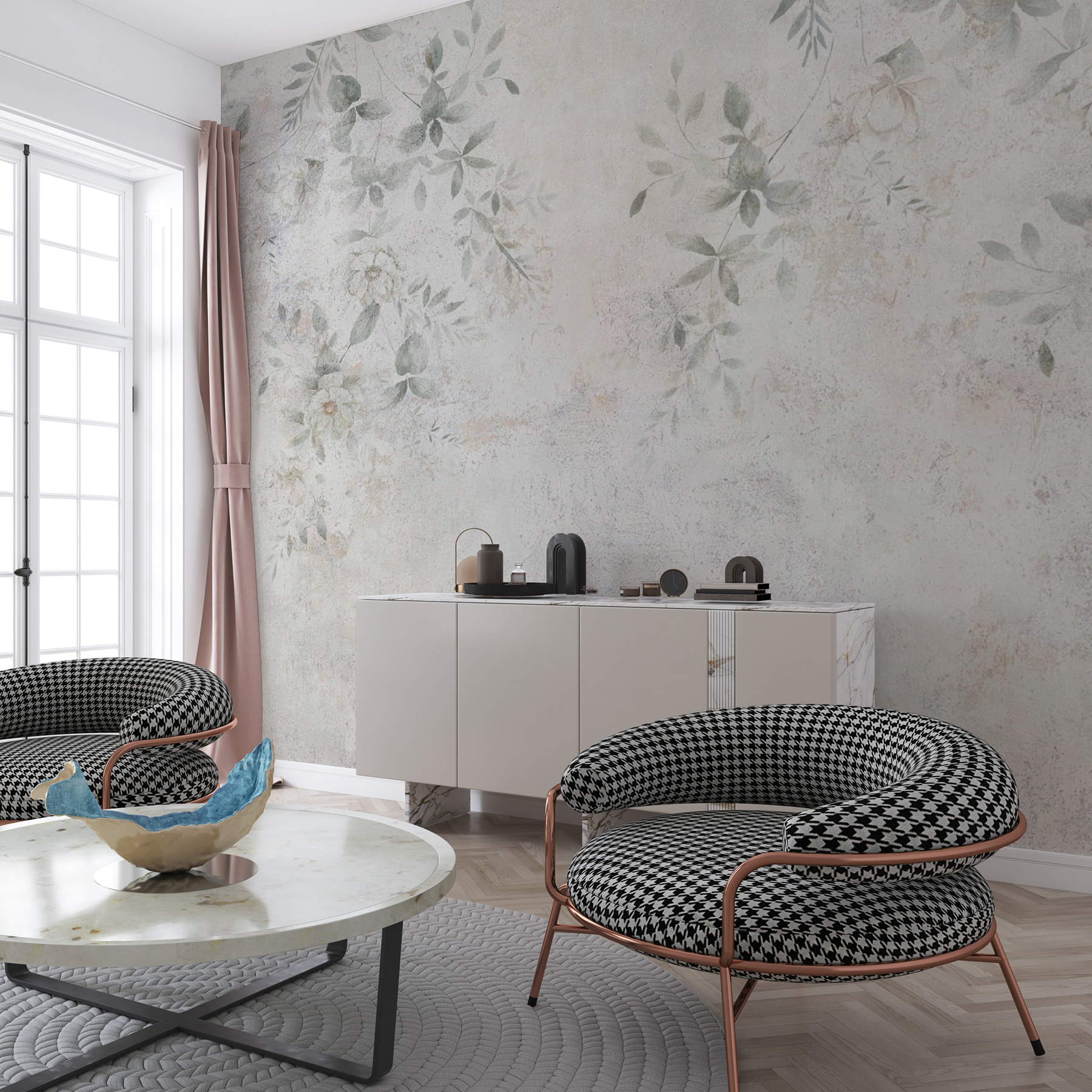 White wall with leaves and flowers