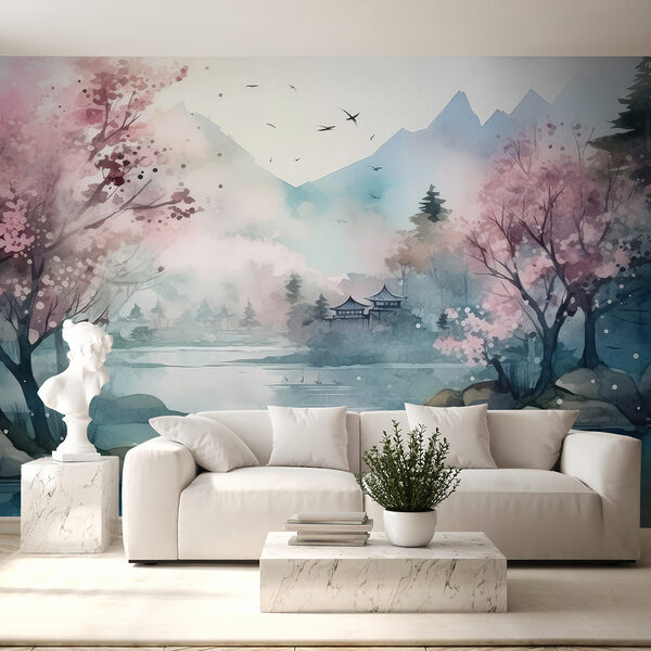 Pintura a aguarela de um lago com árvores e montanhas Pintura a aguarela de um lago com árvores e montanhas