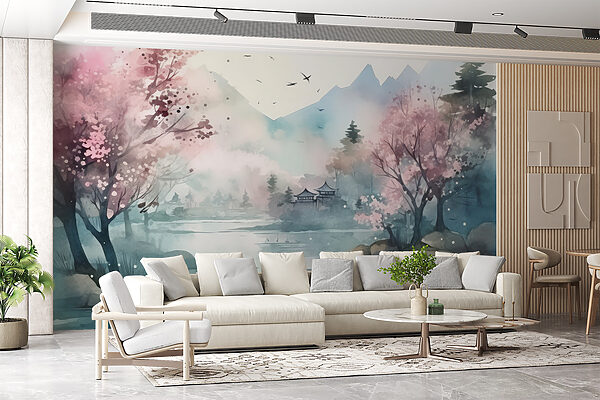 Pintura a aguarela de um lago com árvores e montanhas Pintura a aguarela de um lago com árvores e montanhas