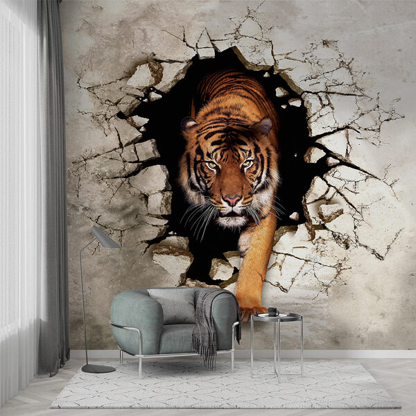 Tigre a sair de um buraco numa parede Tigre a sair de um buraco numa parede