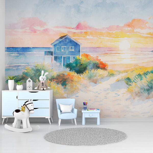 Pintura a aguarela de uma casa e de uma praia Pintura a aguarela de uma casa e de uma praia