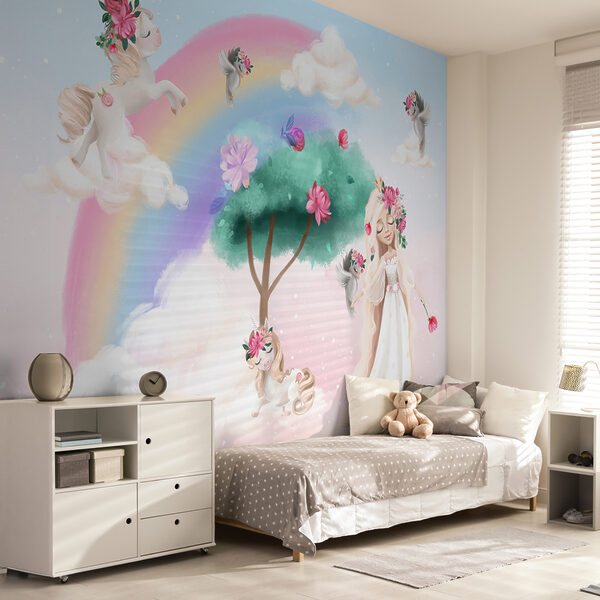 Desenho animado de uma rapariga com flores no cabelo e um arco-íris Desenho animado de uma rapariga com flores no cabelo e um arco-íris