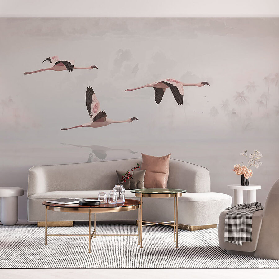 Papel de parede Um grupo de flamingos a voar sobre a água - Image 5