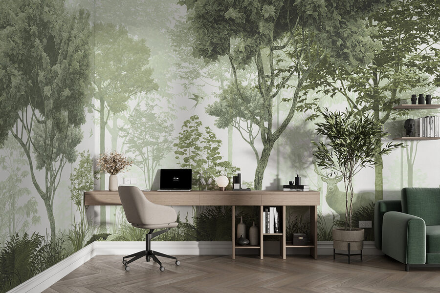Uma floresta com árvores e plantas