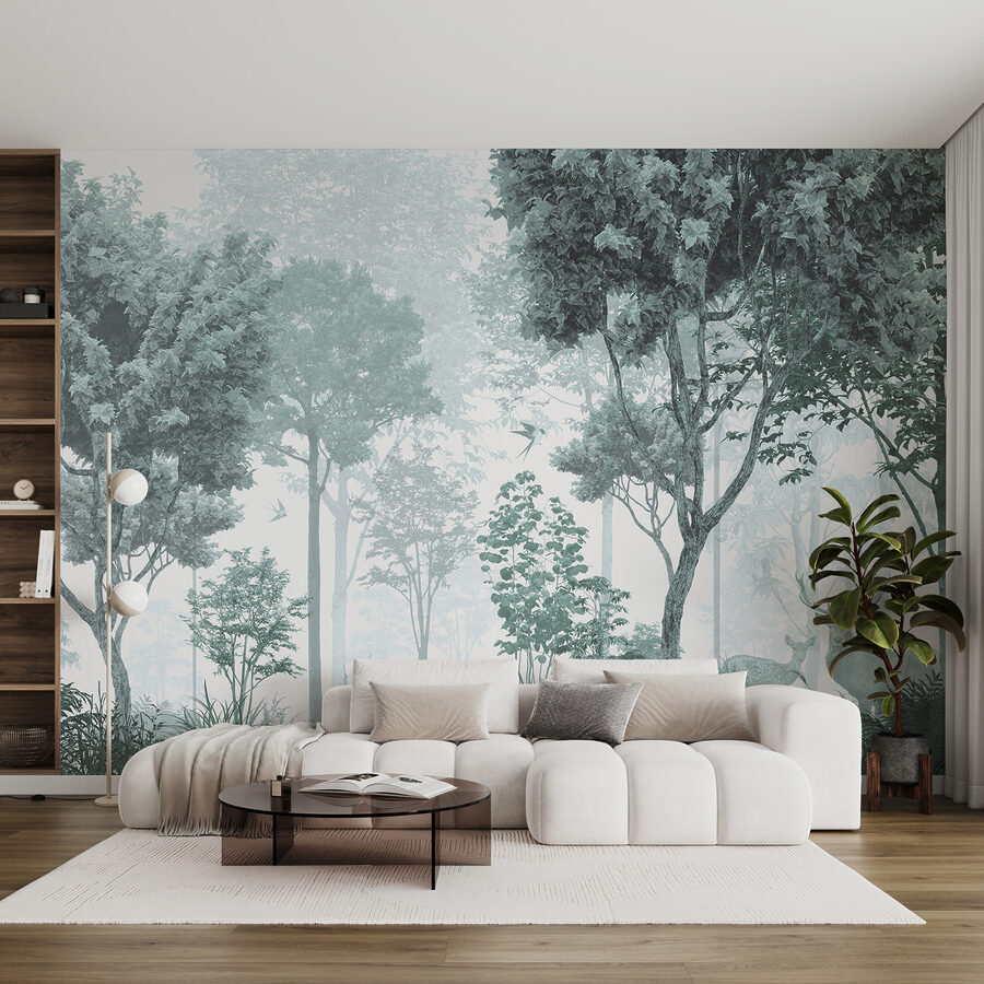 Uma floresta com árvores e plantas