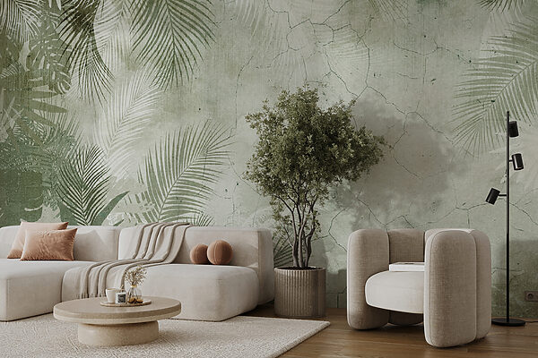 A wall with palm leaves