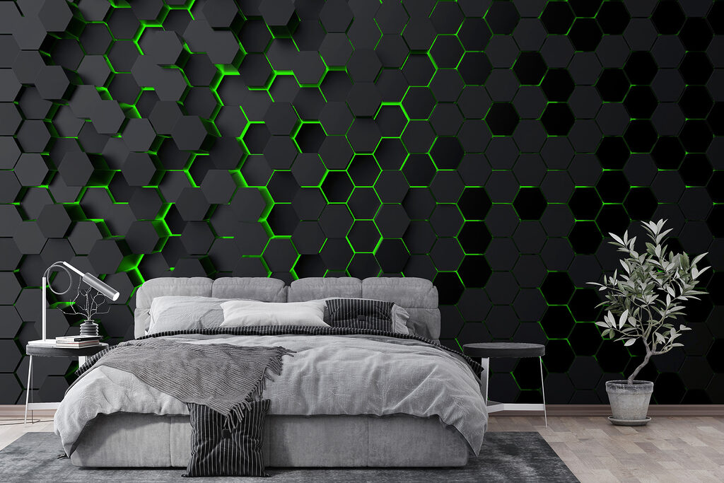 A black hexagons with green lights