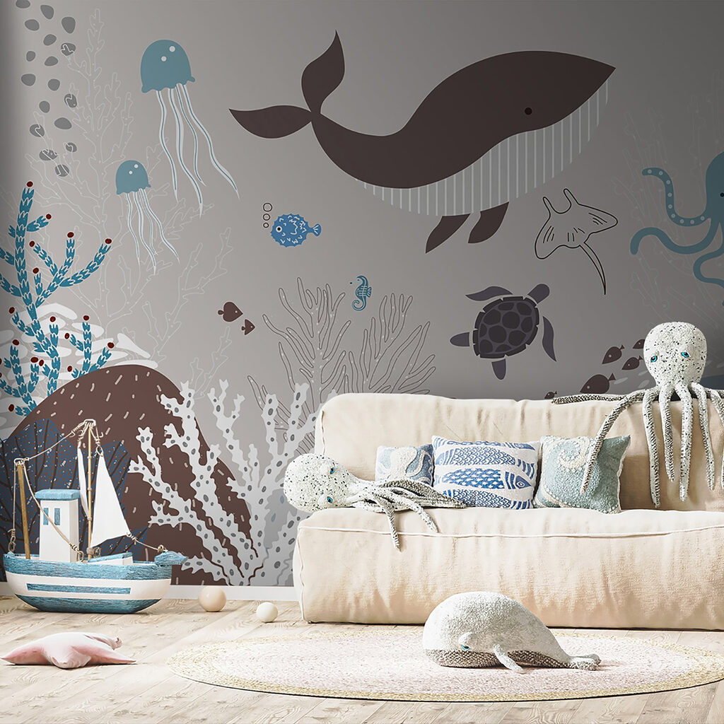 A sea life with a whale and seaweed