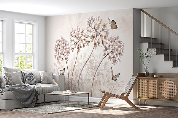 Uma pintura de flores e borboletas Uma pintura de flores e borboletas