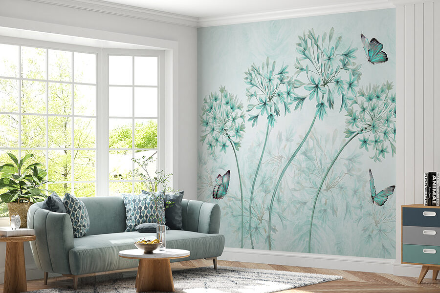 Uma pintura de flores e borboletas