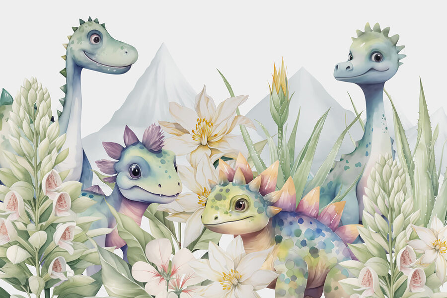 Grupo de dinossauros rodeado de flores