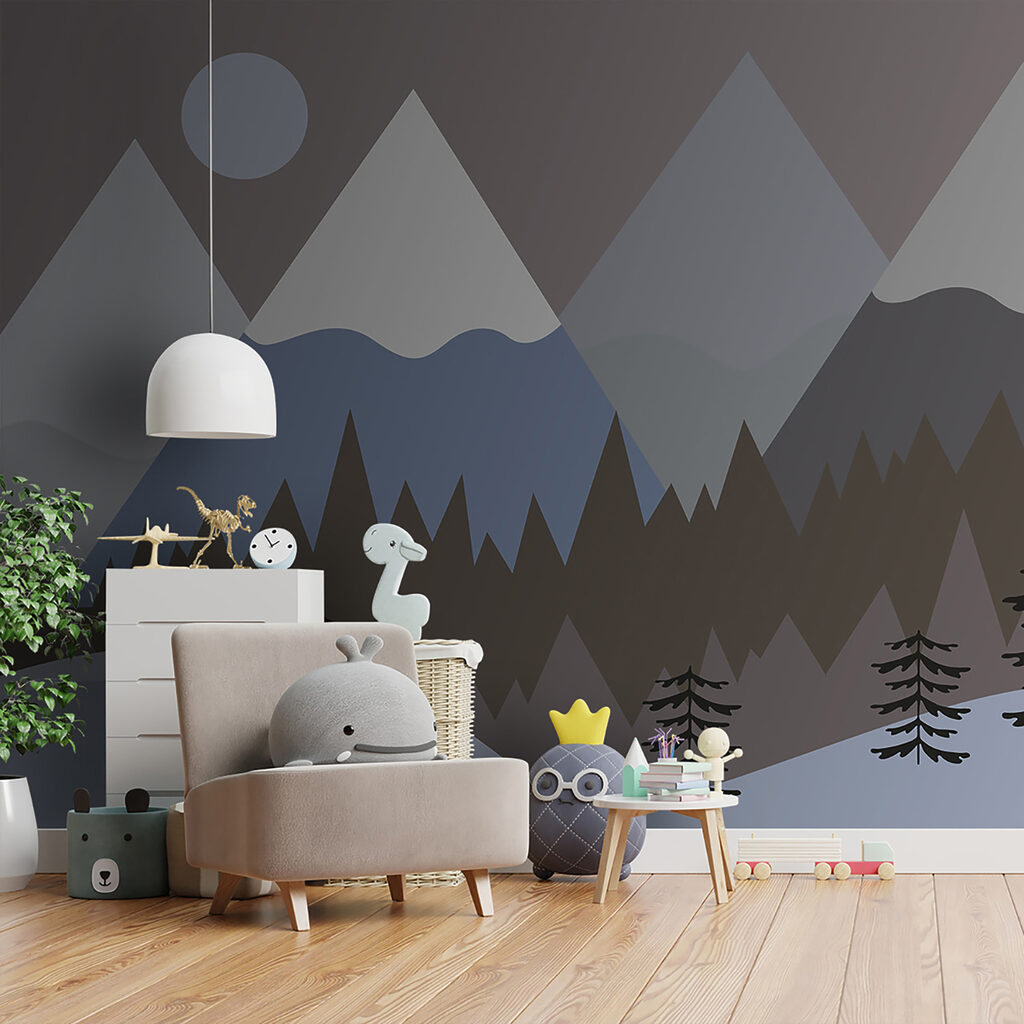 A mountain landscape with trees and snow