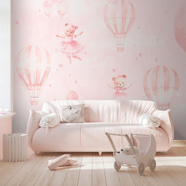 Um fundo cor-de-rosa com ursos de peluche e balões de ar quente Um fundo cor-de-rosa com ursos de peluche e balões de ar quente