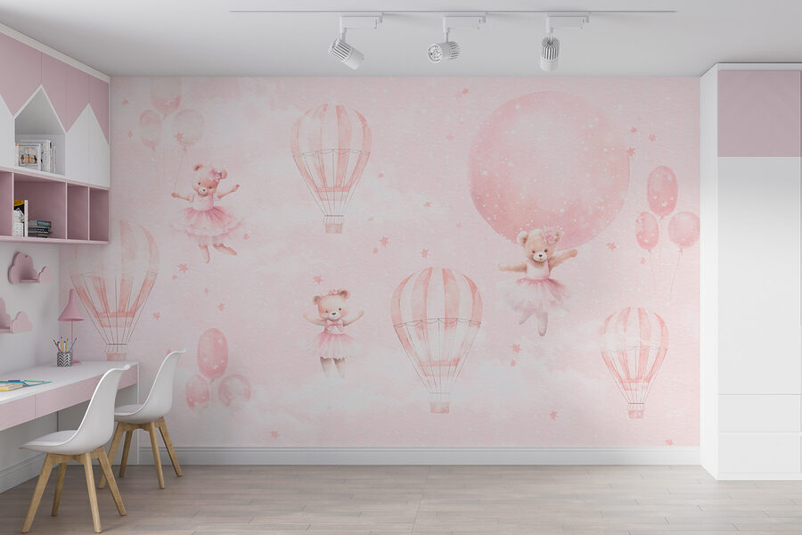 Um fundo cor-de-rosa com ursos de peluche e balões de ar quente