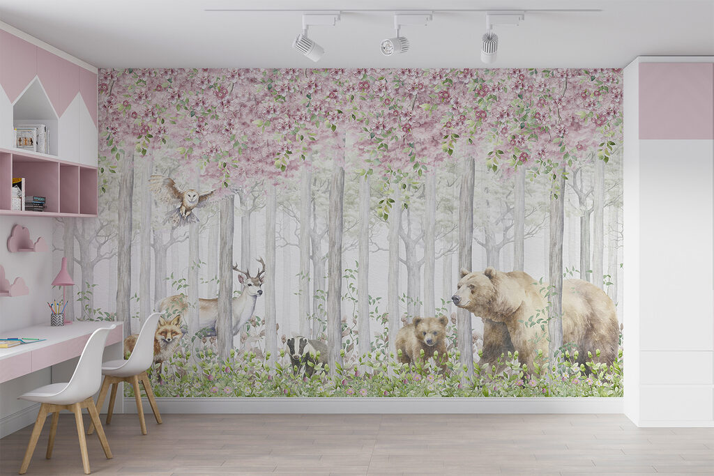 A painting of animals in the woods A painting of animals in the woods