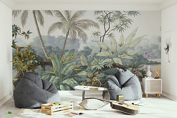 Um mural de uma floresta com árvores e água Um mural de uma floresta com árvores e água