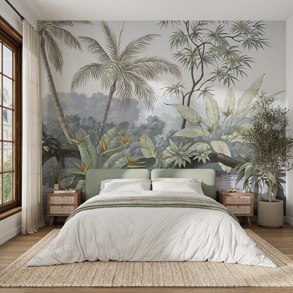 Um mural de uma floresta com árvores e água Um mural de uma floresta com árvores e água