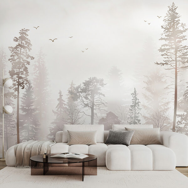 A group of trees in a foggy forest