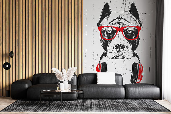 Um cão com óculos e auscultadores Um cão com óculos e auscultadores