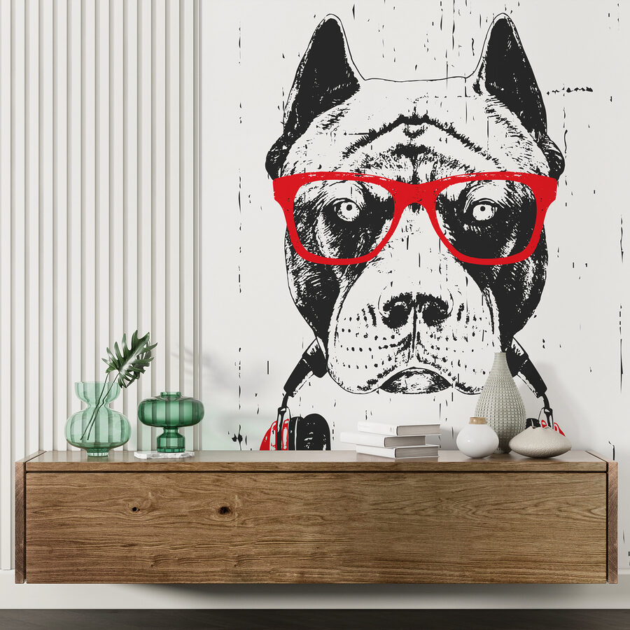Um cão com óculos e auscultadores Um cão com óculos e auscultadores