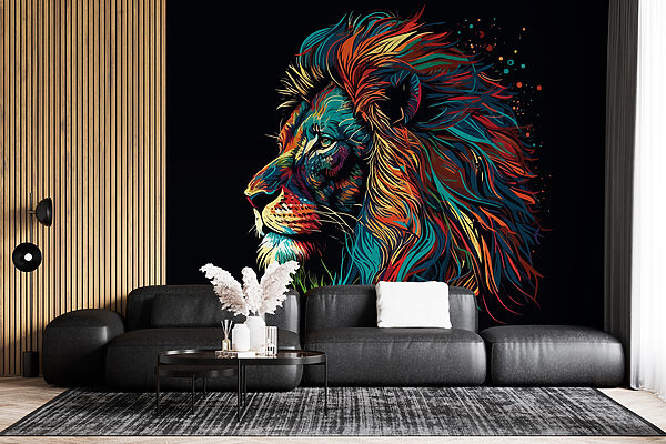 Um leão colorido com uma longa juba Um leão colorido com uma longa juba